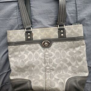 Coach Gray Monogram Tote Bag with Leather Trim